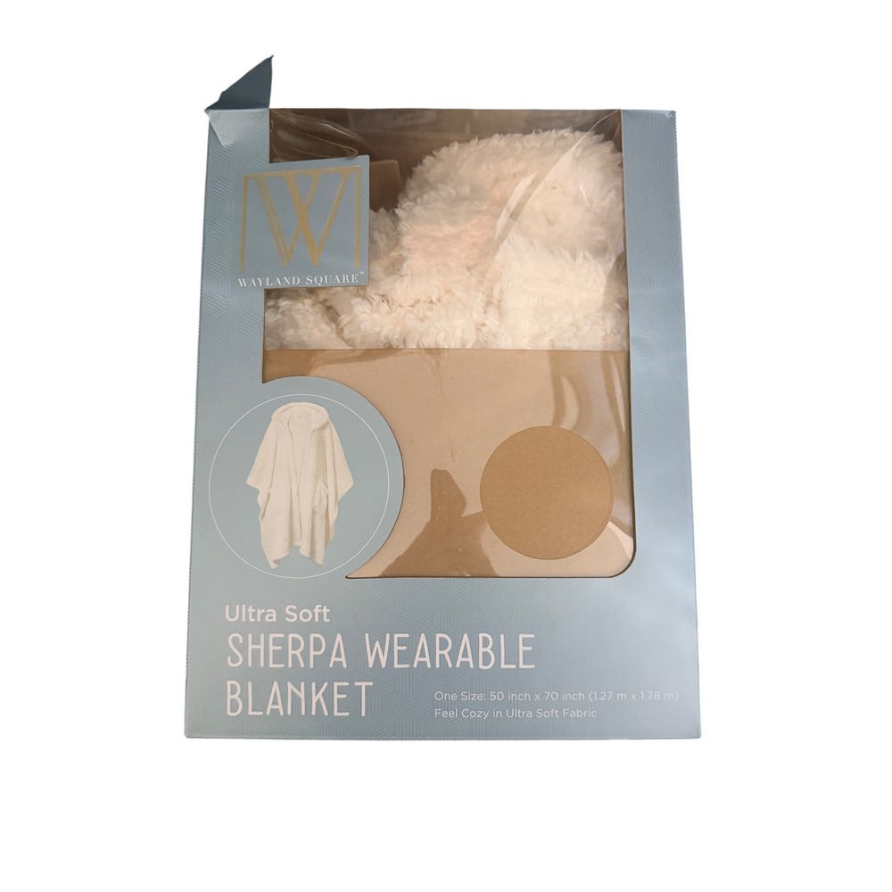 Wayland Square Ultra Soft Sherpa Wearable Blanket Hooded Wrap Cream 50x70 NWOB